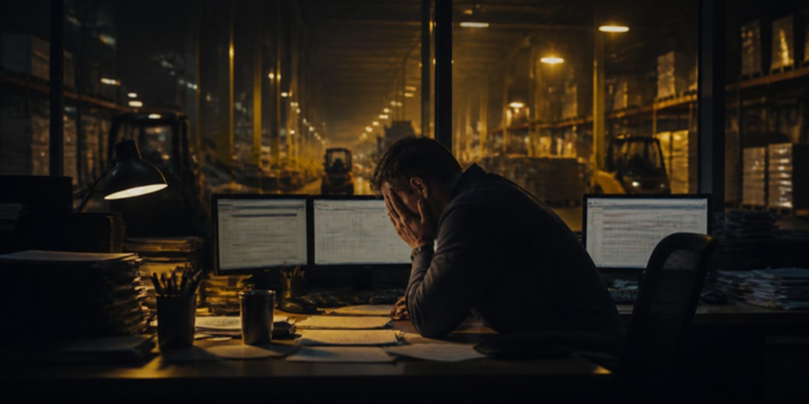 An exhausted warehouse supervisor sits alone at a desk in a dim operations office late at night while forklifts move under amber lights outside