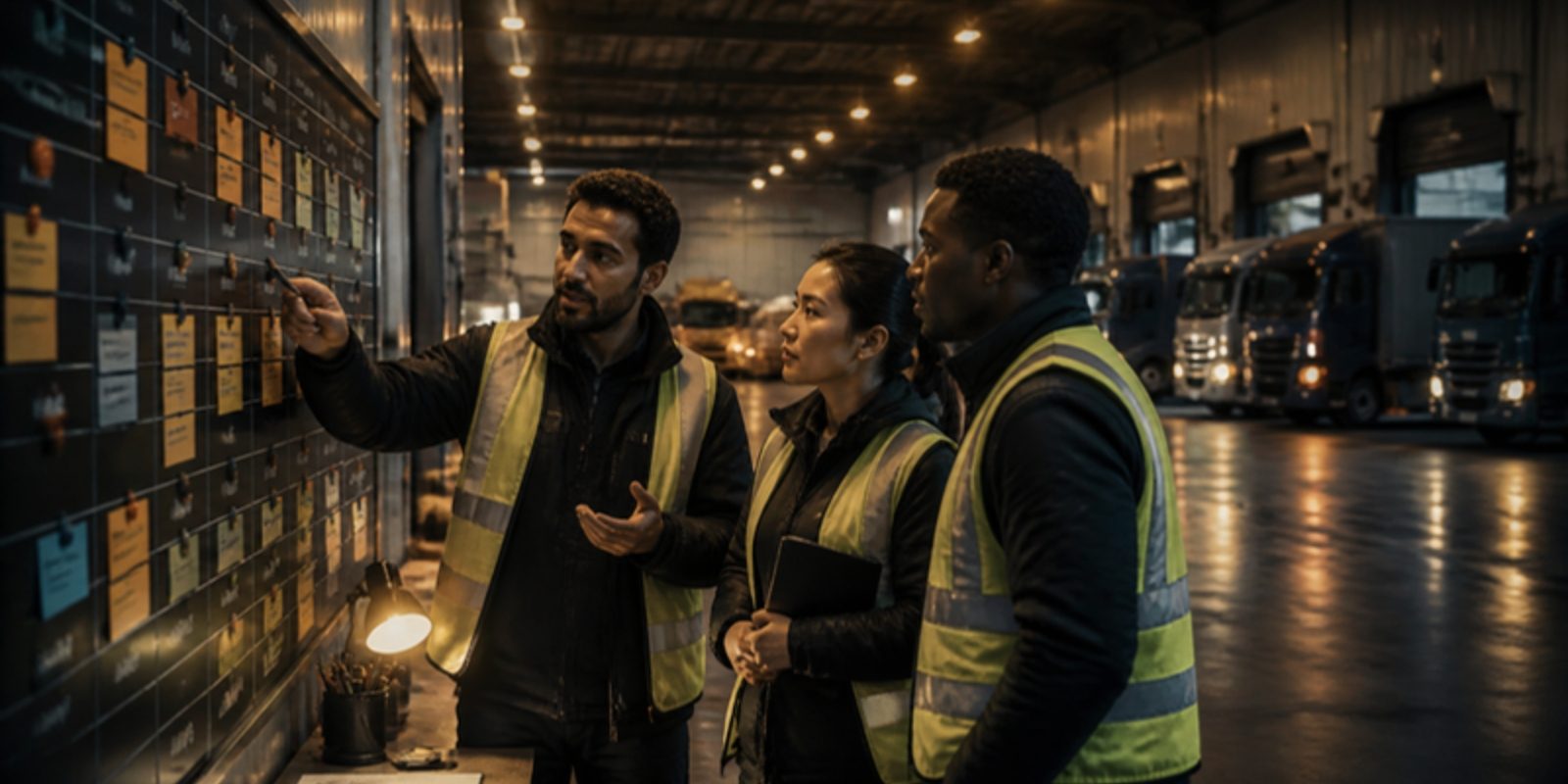 A logistics team leader and two warehouse workers review a crowded schedule board in a busy distribution centre under warm amber lighting