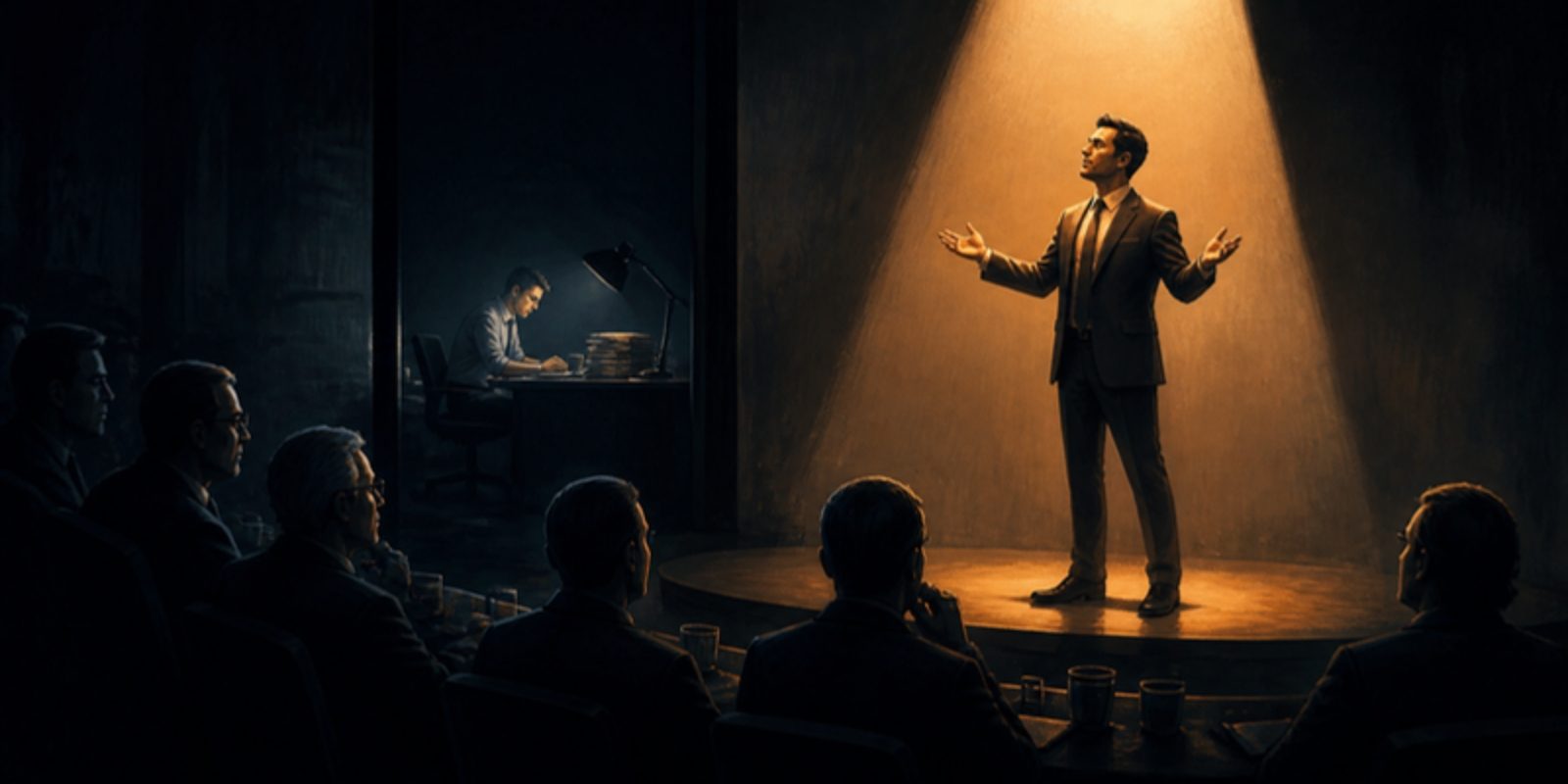A confident presenter stands in a spotlight while a hard-working colleague sits unseen in the dark