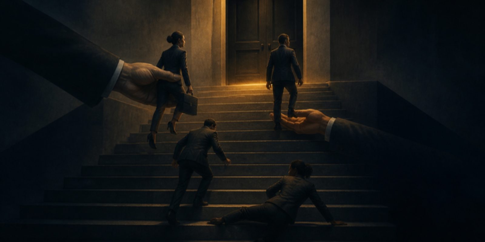 People climbing a corporate staircase, some lifted by unseen hands toward a closed door