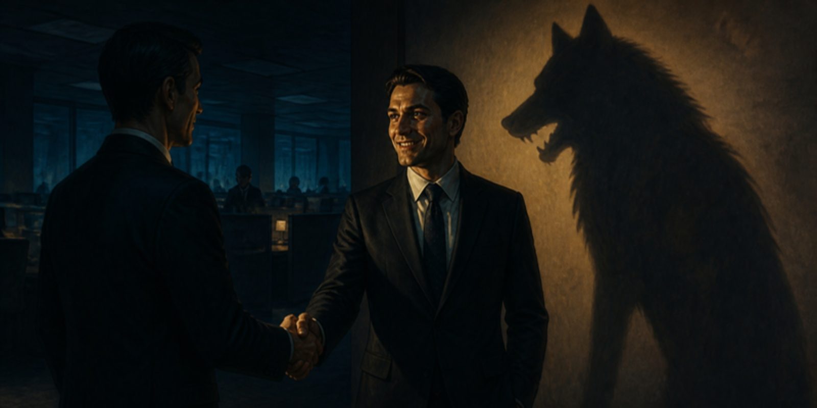 A smiling executive shakes hands while his shadow on the wall has the shape of a wolf