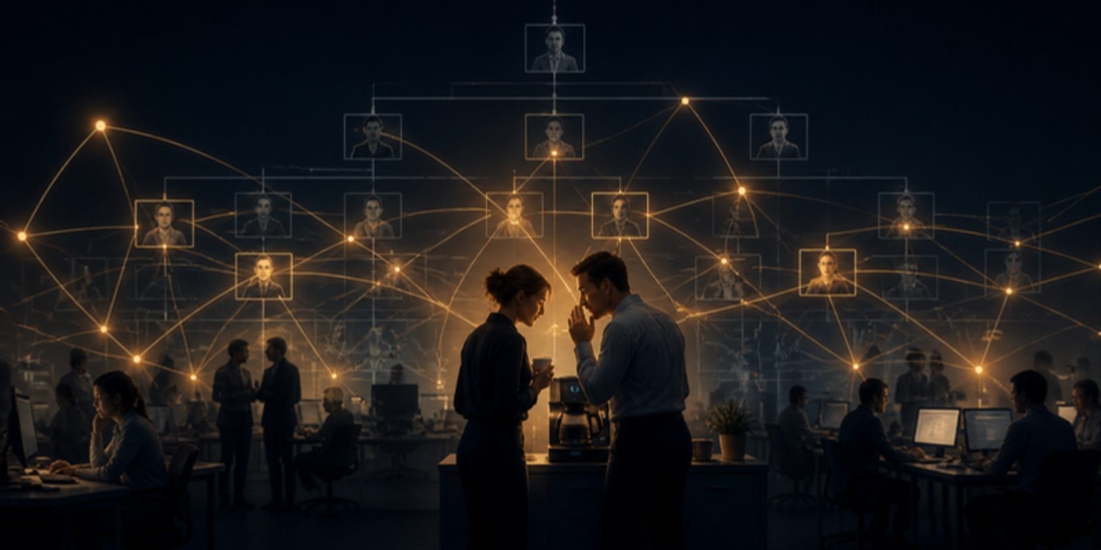 A glowing hidden web of connections over an office org chart, with two colleagues whispering at its centre