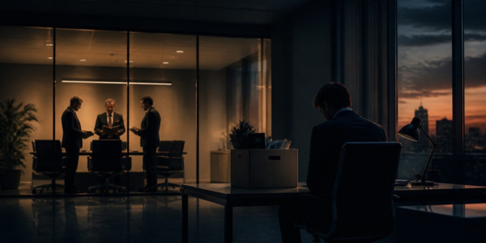 A lone employee sits beside a cardboard box while managers meet behind a glass wall