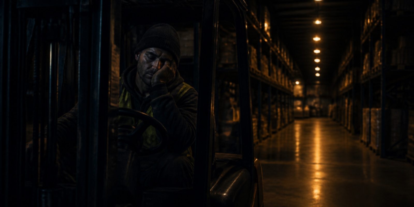 A tired forklift operator in a dim warehouse at night, lit by warm amber overhead lights
