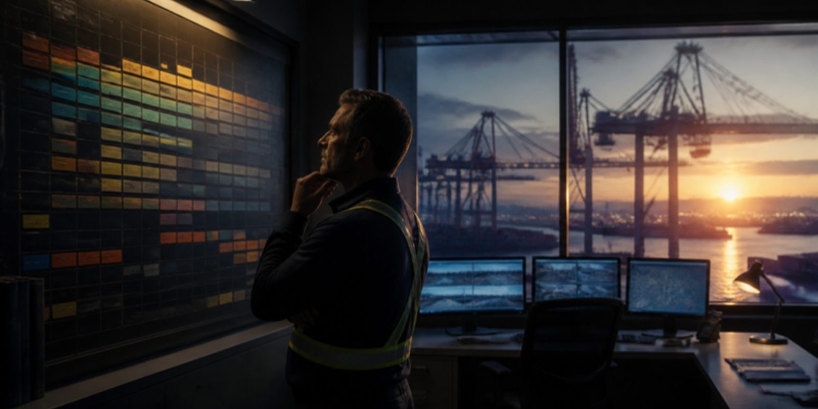 A supervisor studies a shift roster on a wall board in a port control room at dawn