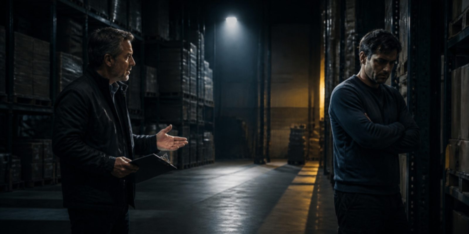 A warehouse supervisor holding a clipboard talks at a tense worker while the worker looks away under harsh overhead light