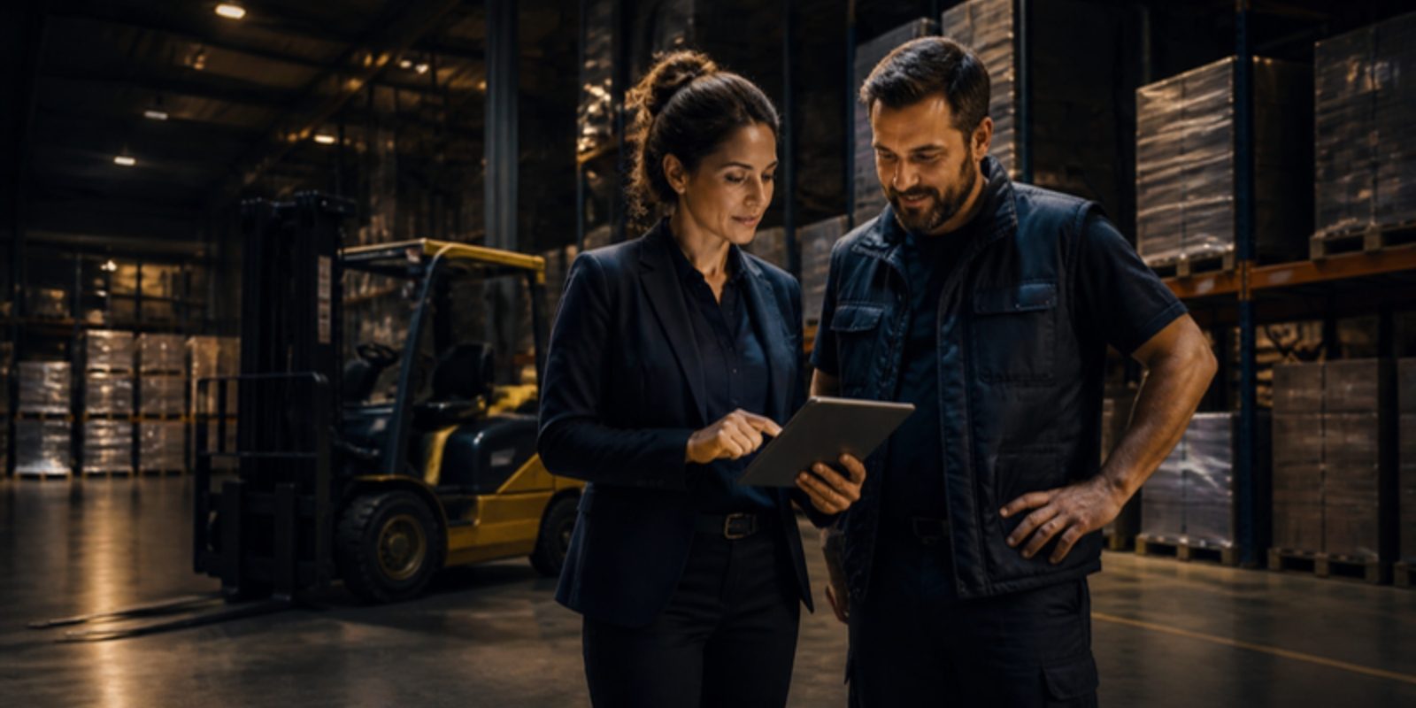 A logistics manager and a forklift operator stand side by side looking at a tablet together on a warehouse floor in warm amber light