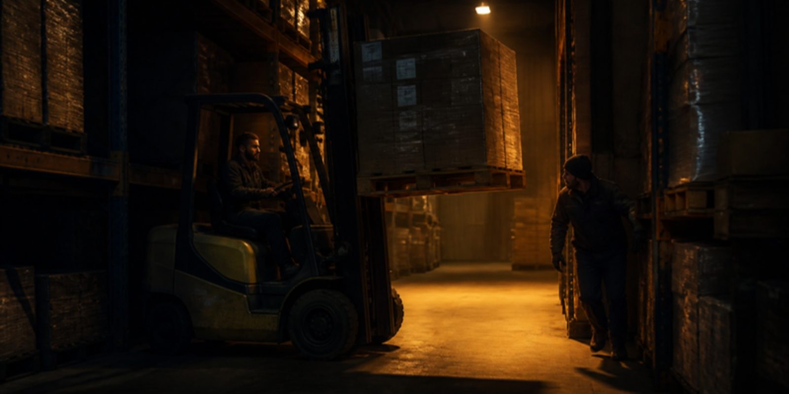 A forklift carrying a tall pallet load moves down a dim warehouse aisle while a worker on foot steps out from behind racking