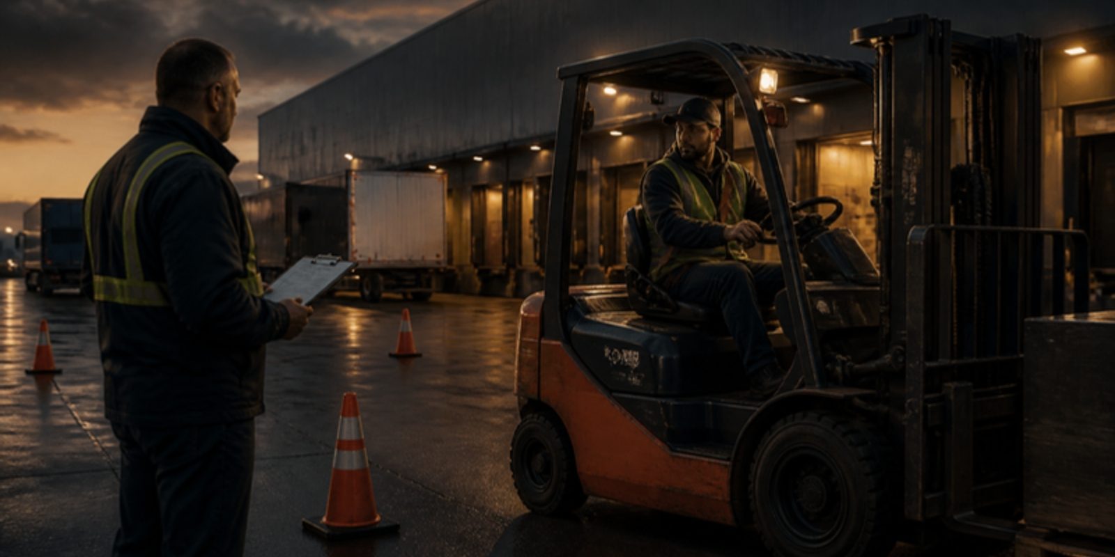 A supervisor with a clipboard observes a forklift operator during a practical evaluation in a warehouse yard