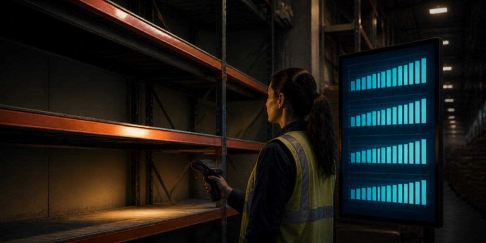 A warehouse worker with a handheld scanner compares a nearly empty shelf with a screen showing full stock