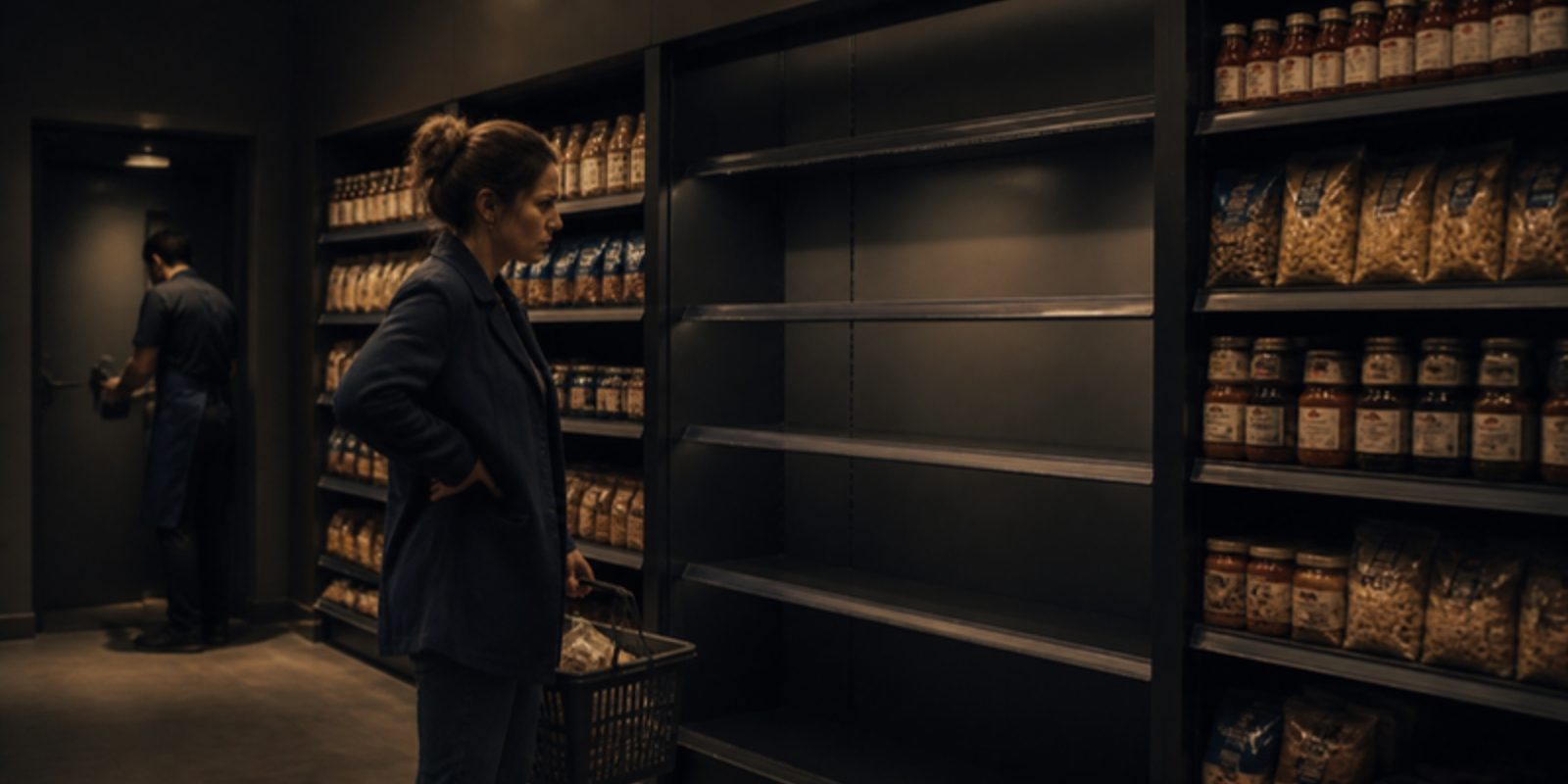 A frustrated shopper stands in front of an empty supermarket shelf while other shelves are fully stocked