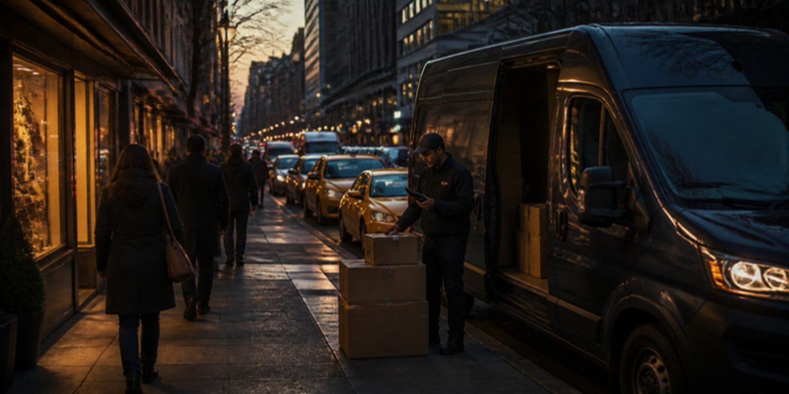 A delivery van idles on a crowded city street at dusk while a driver checks a handheld scanner beside a stack of parcels