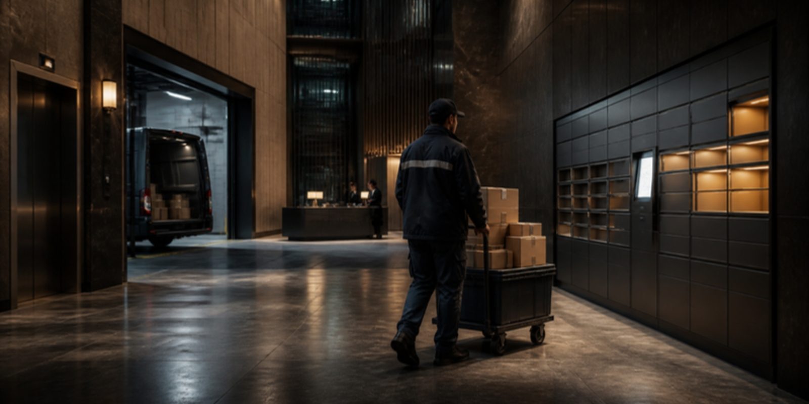 A courier pushes a loaded hand trolley through the lobby of an office tower toward a bank of smart parcel lockers