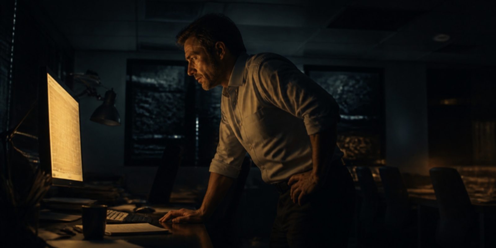 An operations manager stands alone in a dim control room, lit by amber screens, weighing a difficult decision