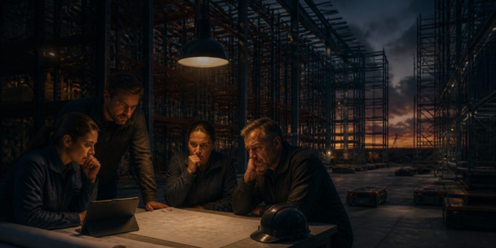 A half-built automated warehouse at dusk, with a project team studying plans while costs mount