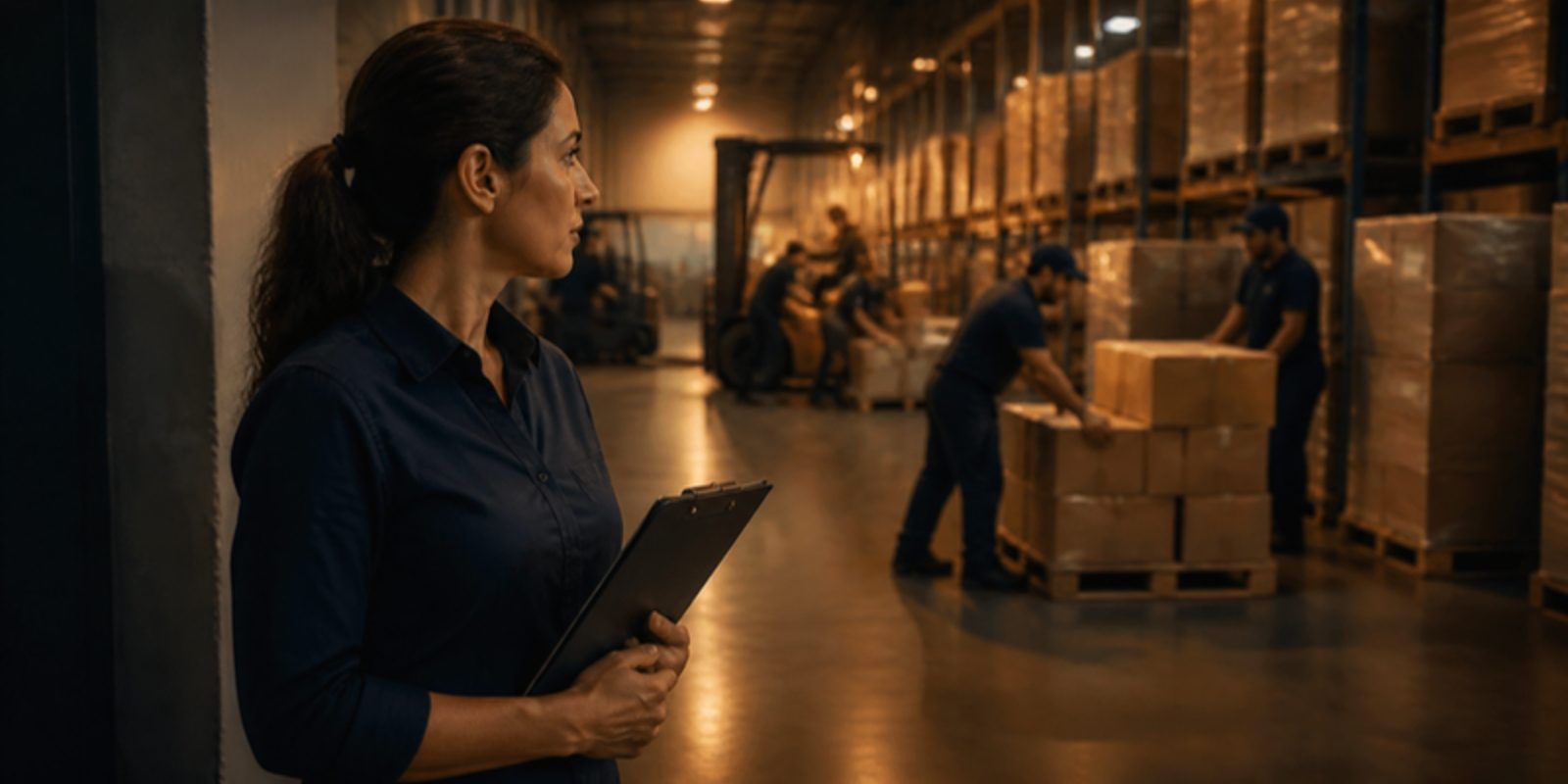 A newly promoted supervisor stands at the edge of a busy warehouse floor, holding a clipboard, watching the team she used to work alongside