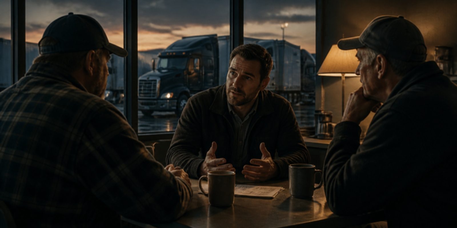 A new team leader has an awkward conversation with two former co-workers in a truck depot break room at dusk