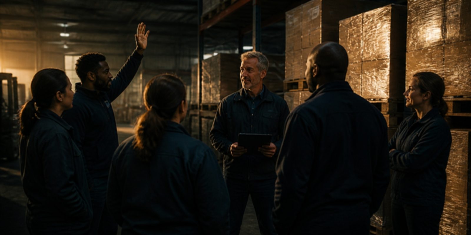 A warehouse team gathered around a supervisor at the start of a shift, one worker raising a hand to speak