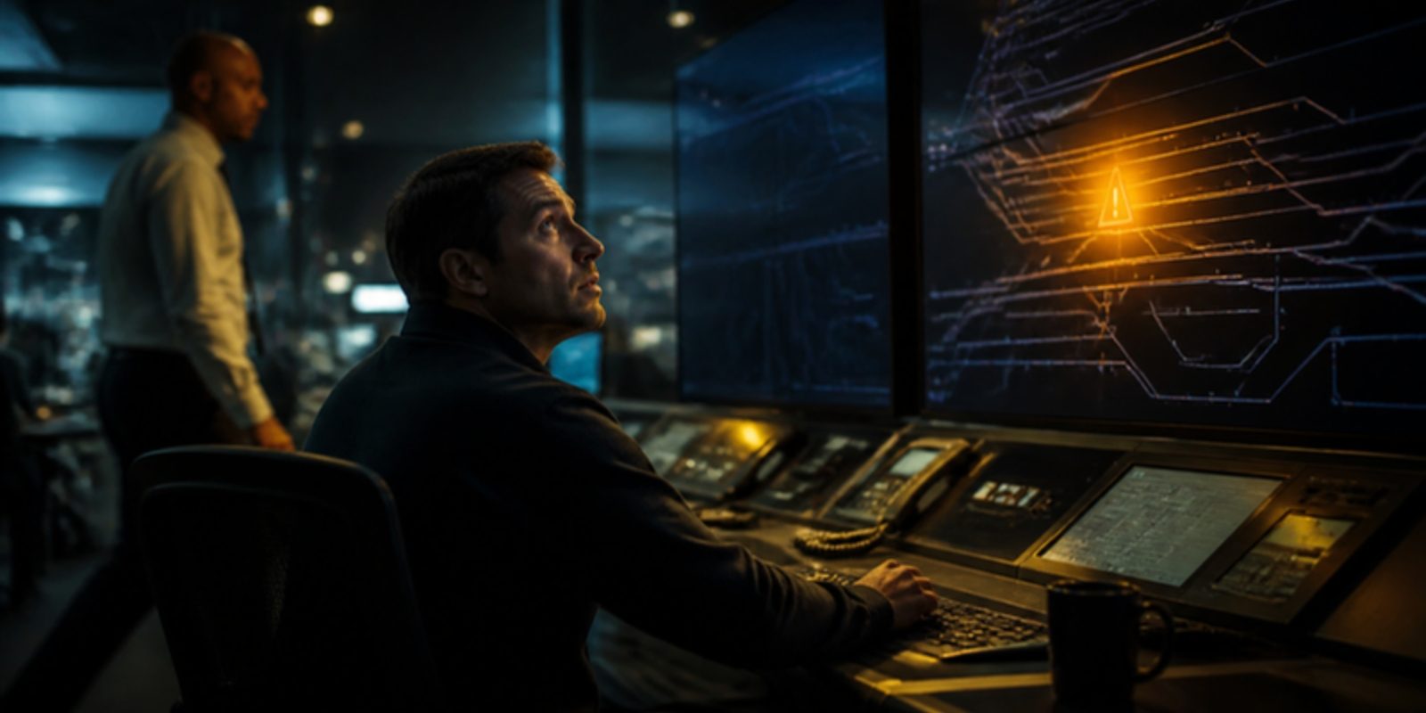 A worker in a dimly lit control room looks at a warning light while a supervisor walks past without noticing