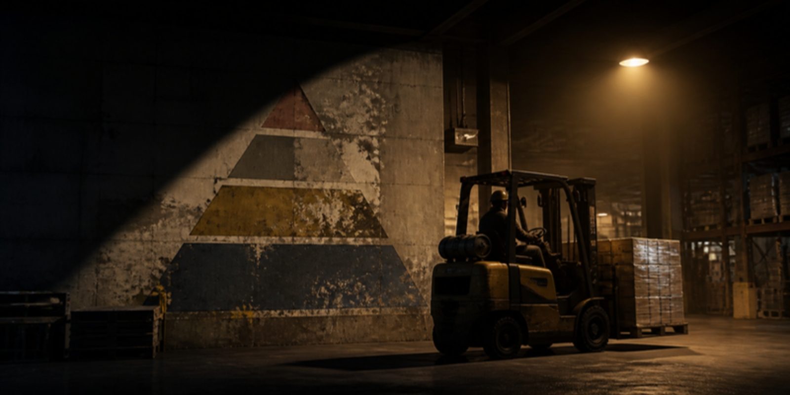A faded old safety pyramid poster on a warehouse wall, half in shadow, while a forklift works under amber light