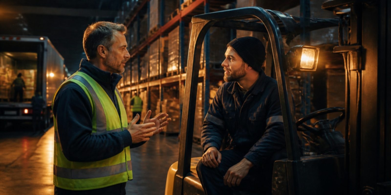 A shift supervisor in a hi-vis vest talks face to face with a forklift driver on a warehouse floor under warm amber light