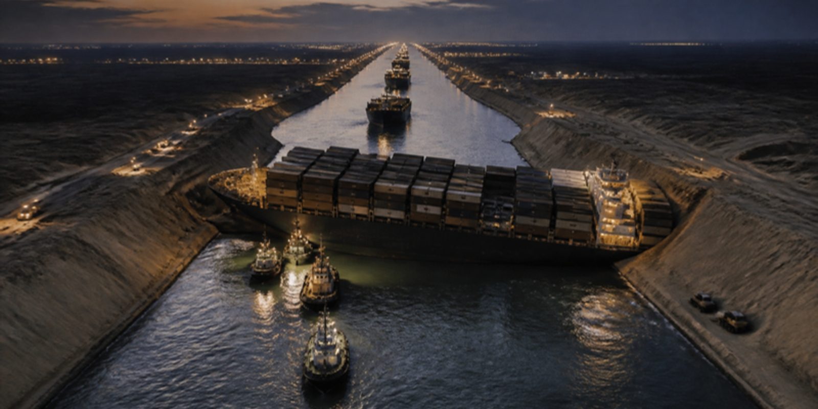 A container ship stuck sideways in a narrow canal at dusk while a long queue of ships waits behind it