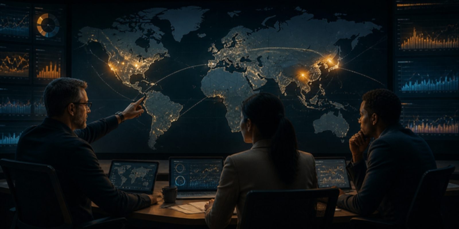 Operations managers in a dark control room studying a glowing world map of supplier sites and shipping routes