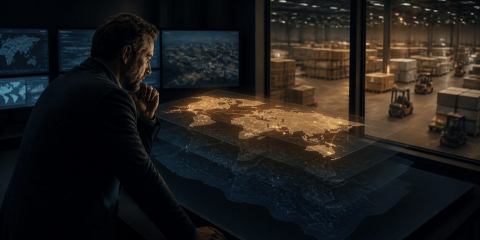 A logistics manager studies a glowing map of supplier connections in a dark control room