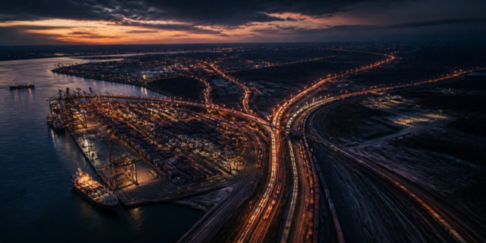 Container ships, trucks and rail lines branching across a port at dusk, showing alternative routes