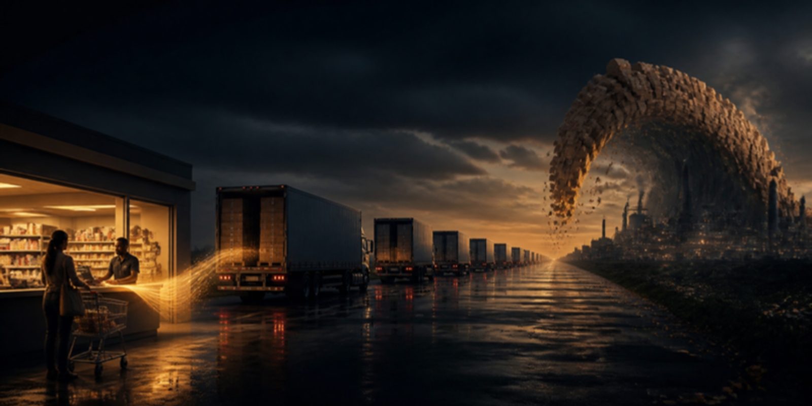 A long chain of trucks, warehouses and a factory where a small ripple of customer demand grows into a towering wave of orders