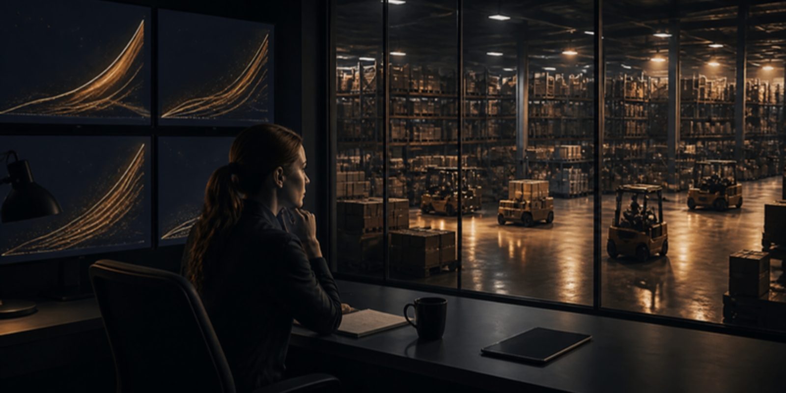 A planner in a dim control room studies glowing curves of inventory and queues over a vast warehouse floor