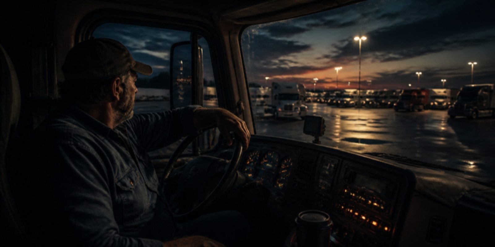 A tired long-haul truck driver sits in the cab of a parked truck at dusk, looking out over a full truck stop