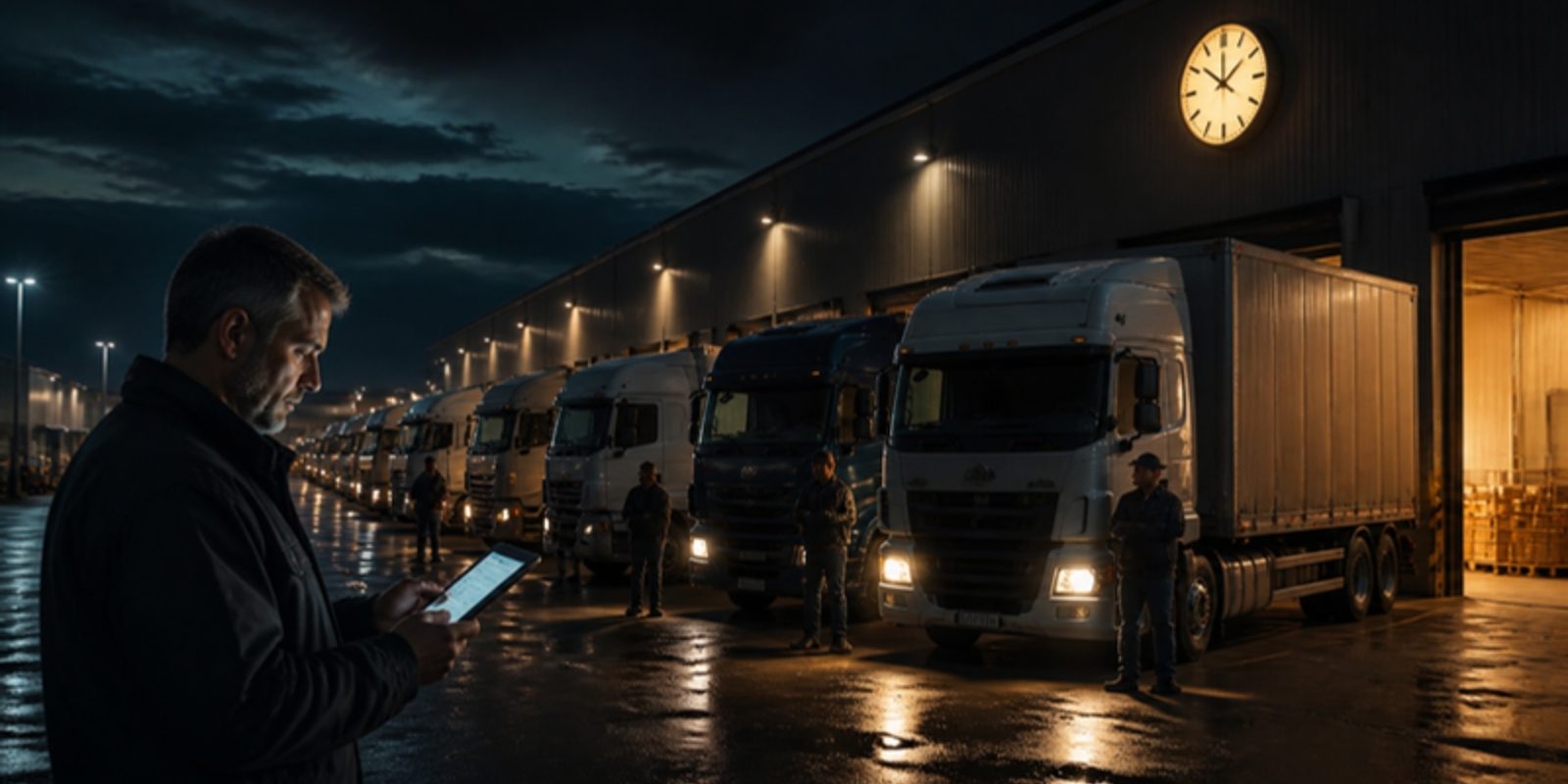 A line of trucks waits outside a busy distribution centre loading dock at night while a manager checks a tablet
