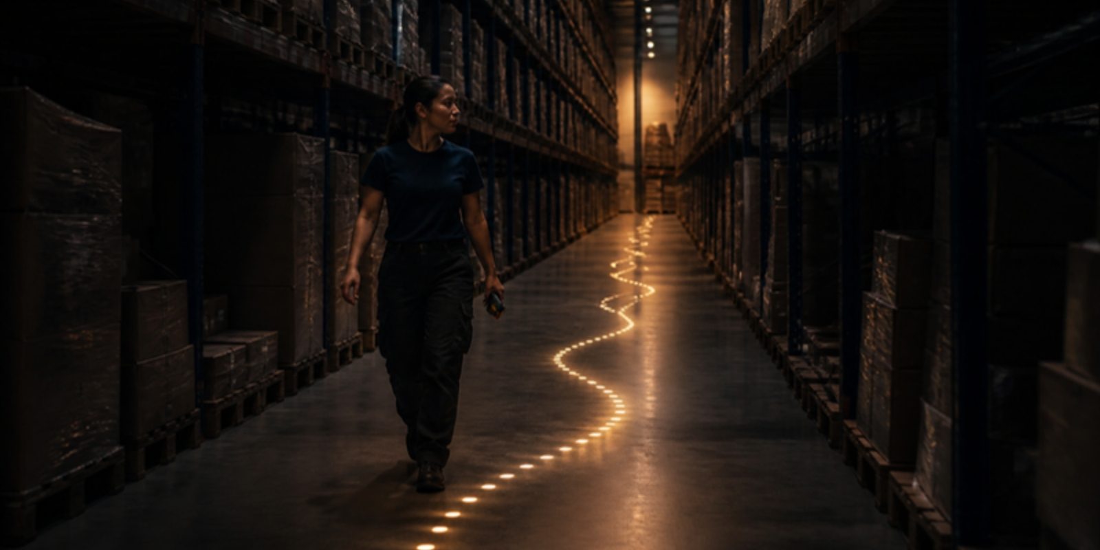 A warehouse order picker walks a long, dim racking aisle with a handheld scanner while amber light falls across the floor