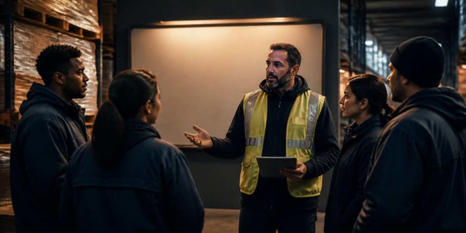 A supervisor in a high-visibility vest talks with a small team of warehouse workers beside a stack of pallets at shift change