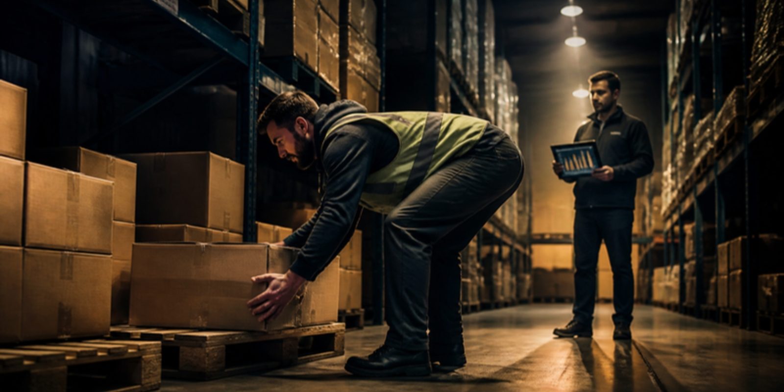 A warehouse order picker reaches for a heavy carton on a low pallet while a supervisor with a tablet watches the pick rate