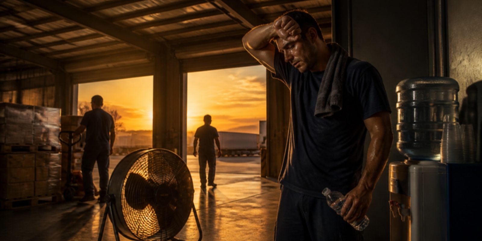 Warehouse workers under a hot metal roof at a loading area during a summer evening, with a fan and water station nearby