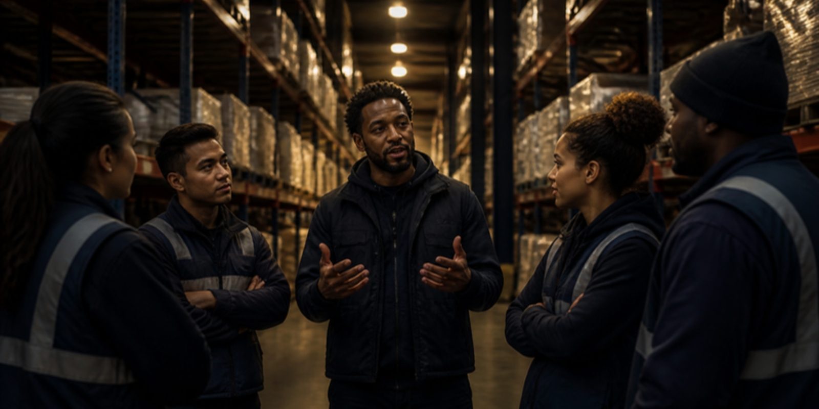 A frontline manager talks with a small team of warehouse workers under warm light between tall racks of pallets
