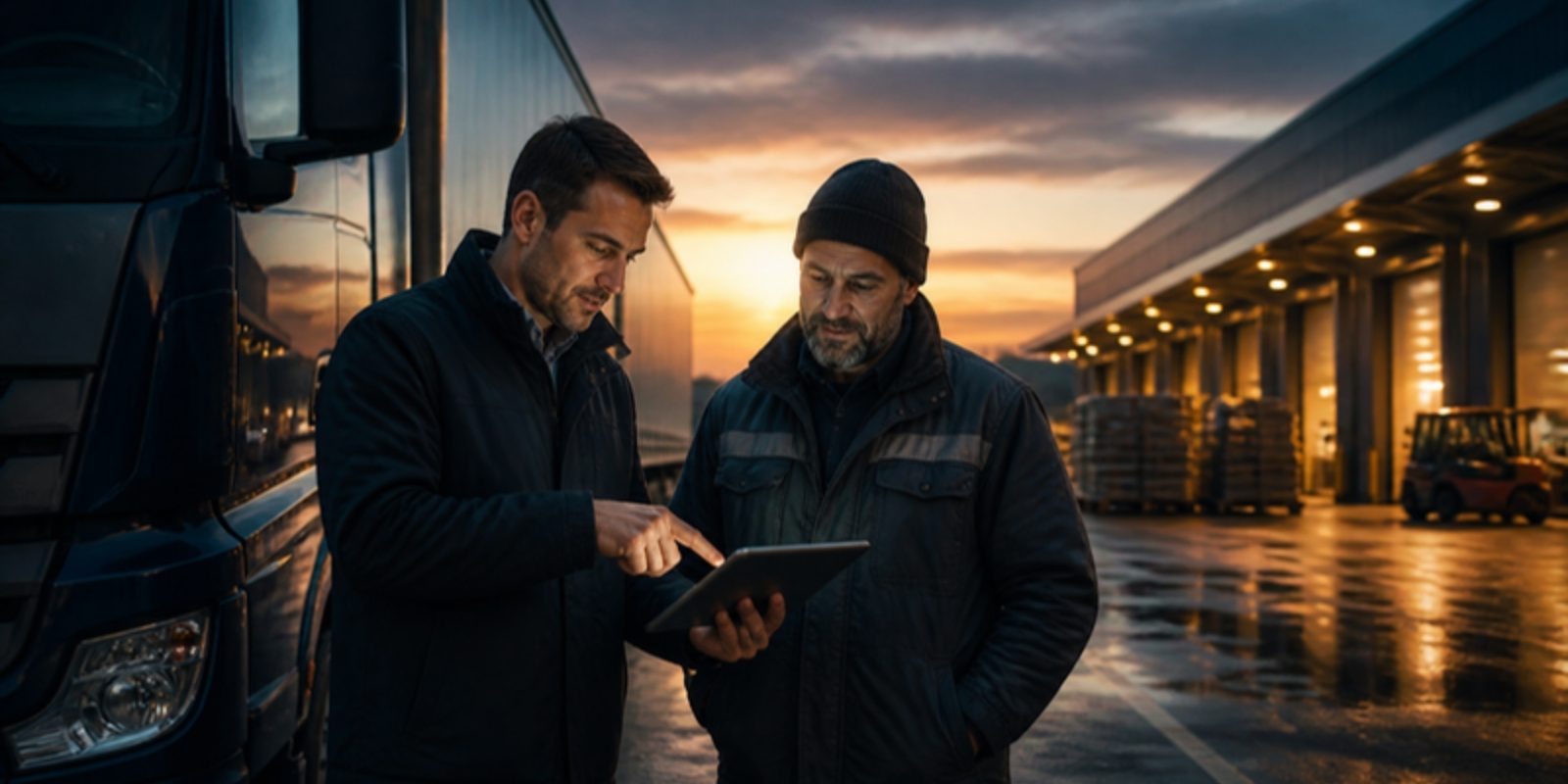 A supervisor and a driver review a route plan on a tablet beside a lorry at a loading dock at dusk